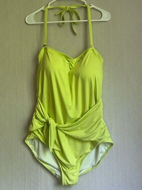 NWT LOFT Beach Neon Yellow Halter One-Piece Swimsuit Sz 22 Ruched Convertible